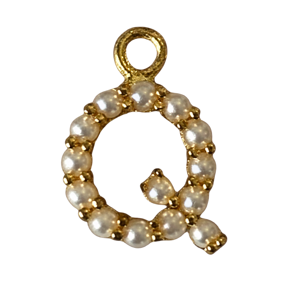 Gold pearl letter Q charm on transparent background