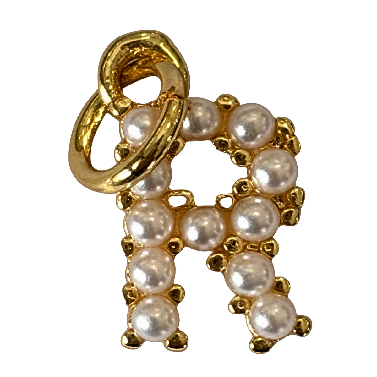 Gold pearl letter R charm on transparent background