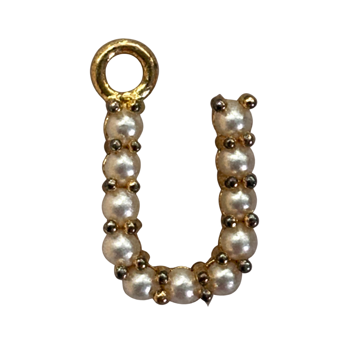Gold pearl letter U charm on transparent background