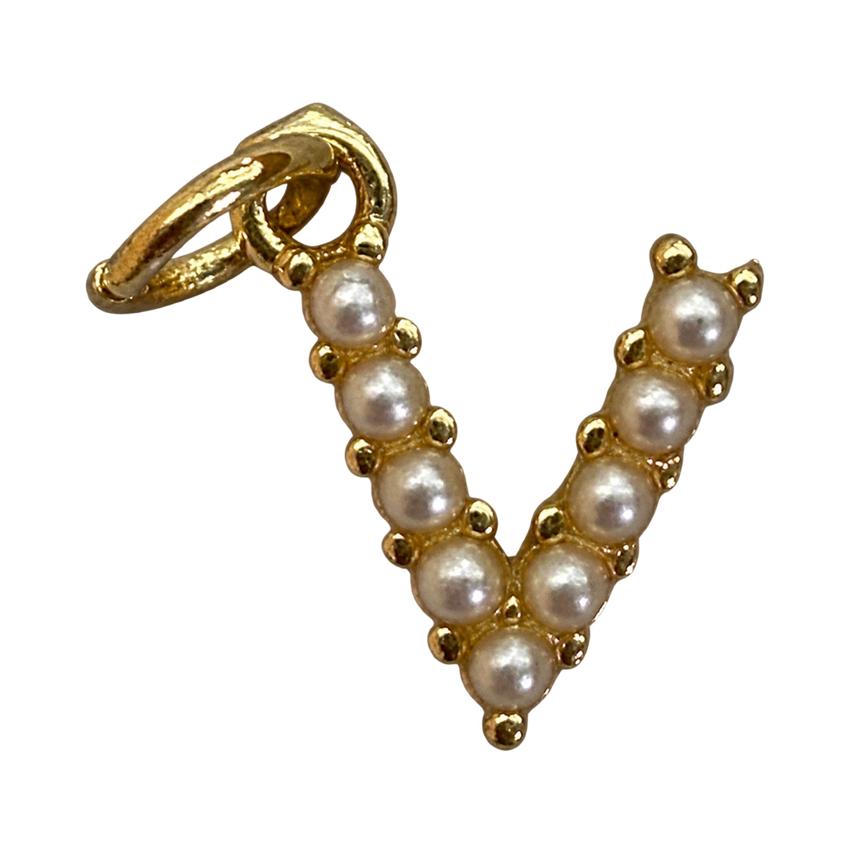 Gold pearl letter V charm on transparent background