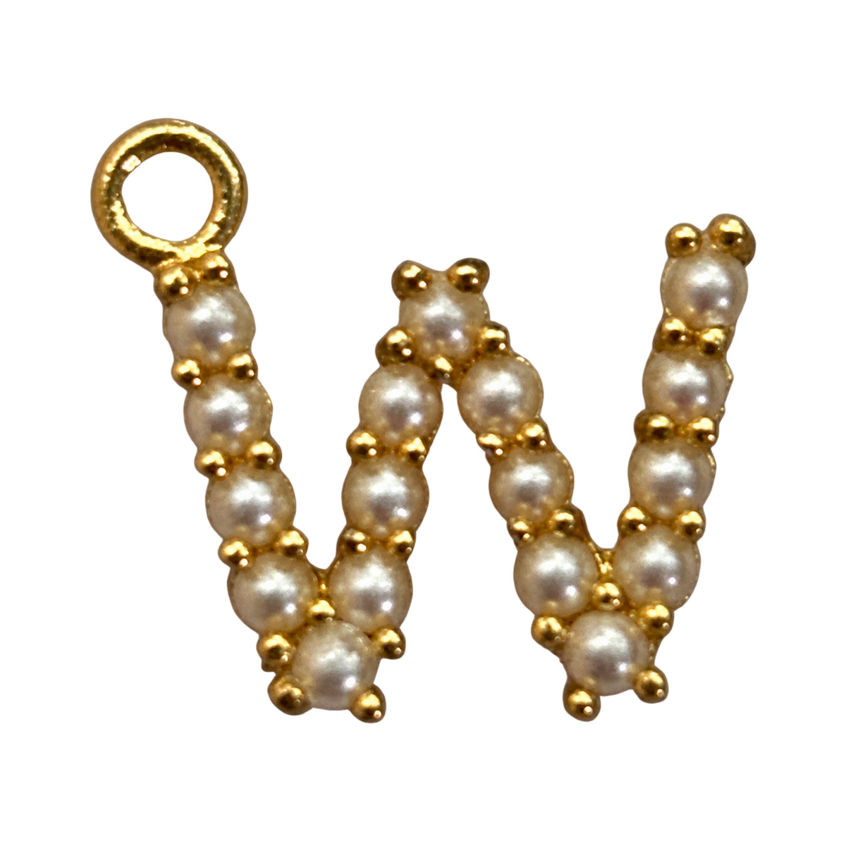 Gold pearl letter W charm on transparent background