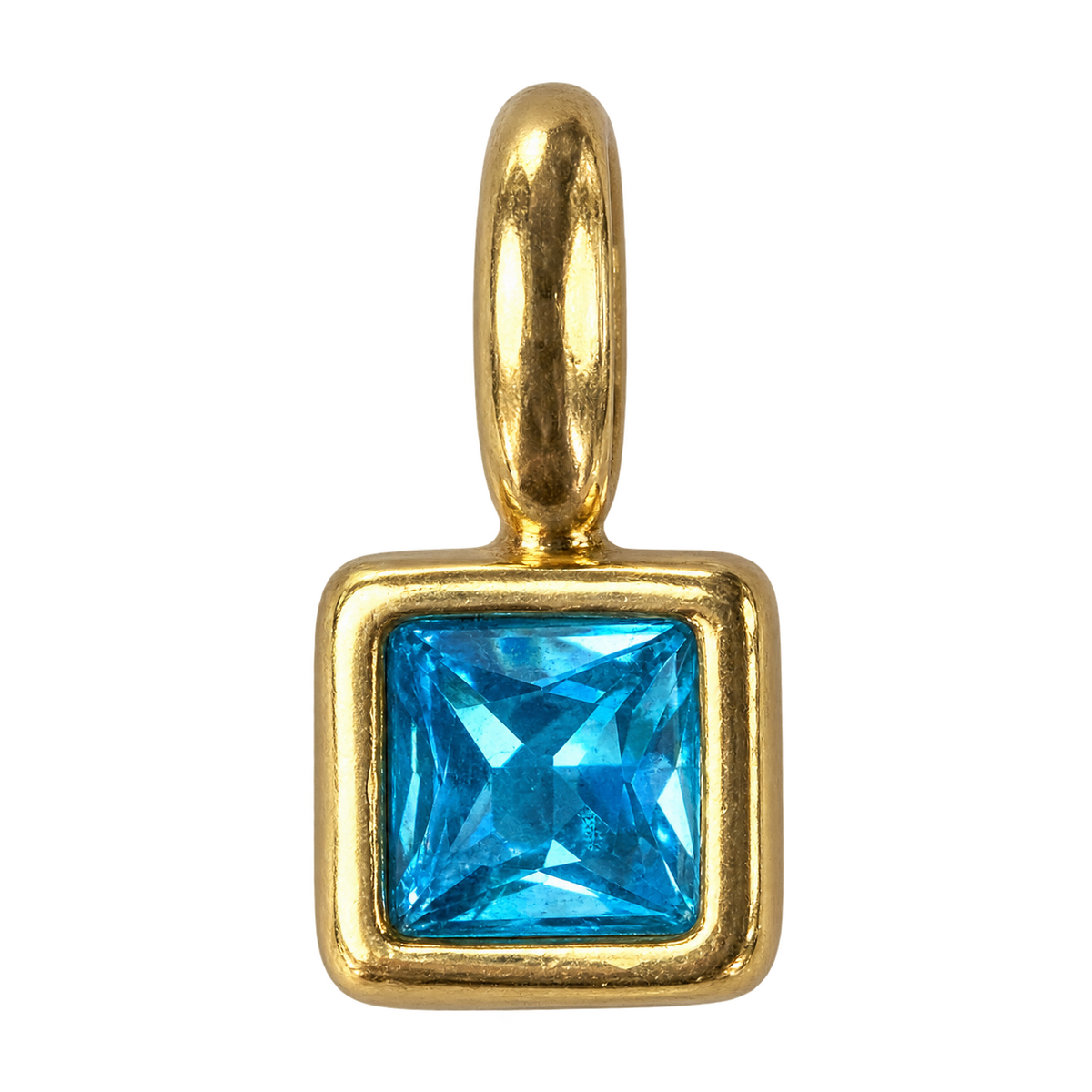 Square bright cyan blue stone charm on transparent background