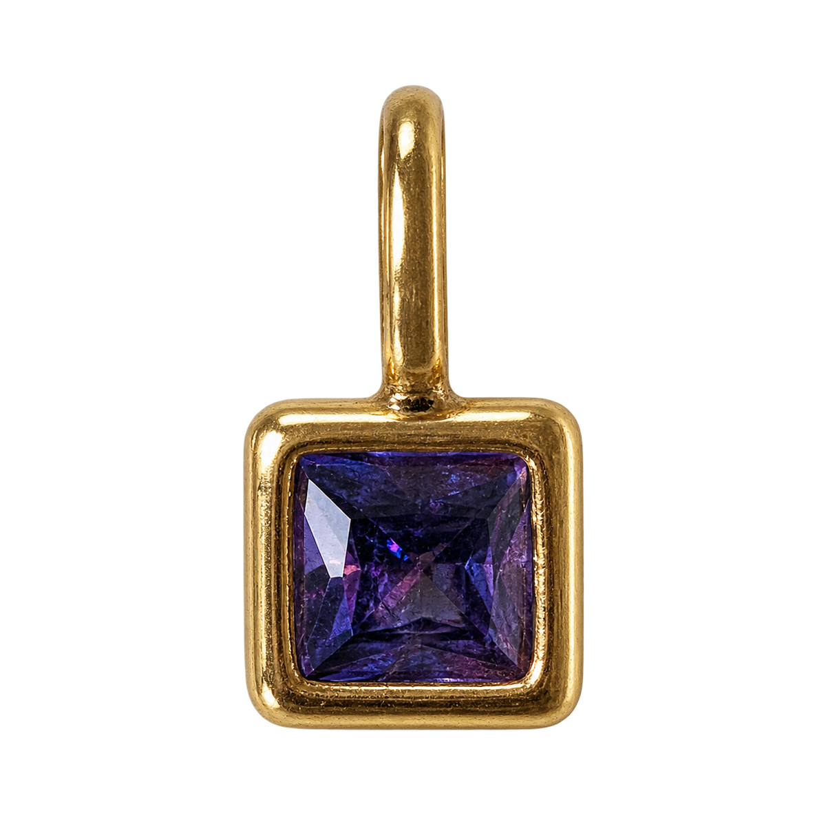 Dark blue violet square stone charm in gold bezel on transparent background