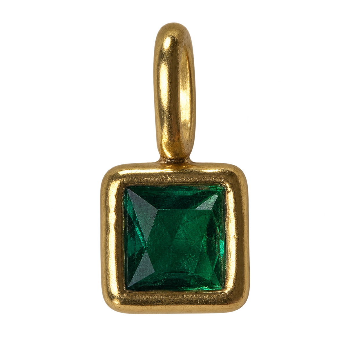 Square deep emerald green stone charm on transparent background