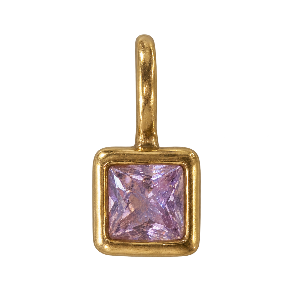 Lavender square stone charm in gold bezel on transparent background